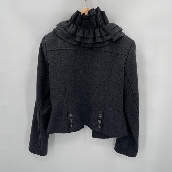 HINGE Grey Wool Blend Ruffle Collar Blazer Jacket // S - Picture 4 of 11